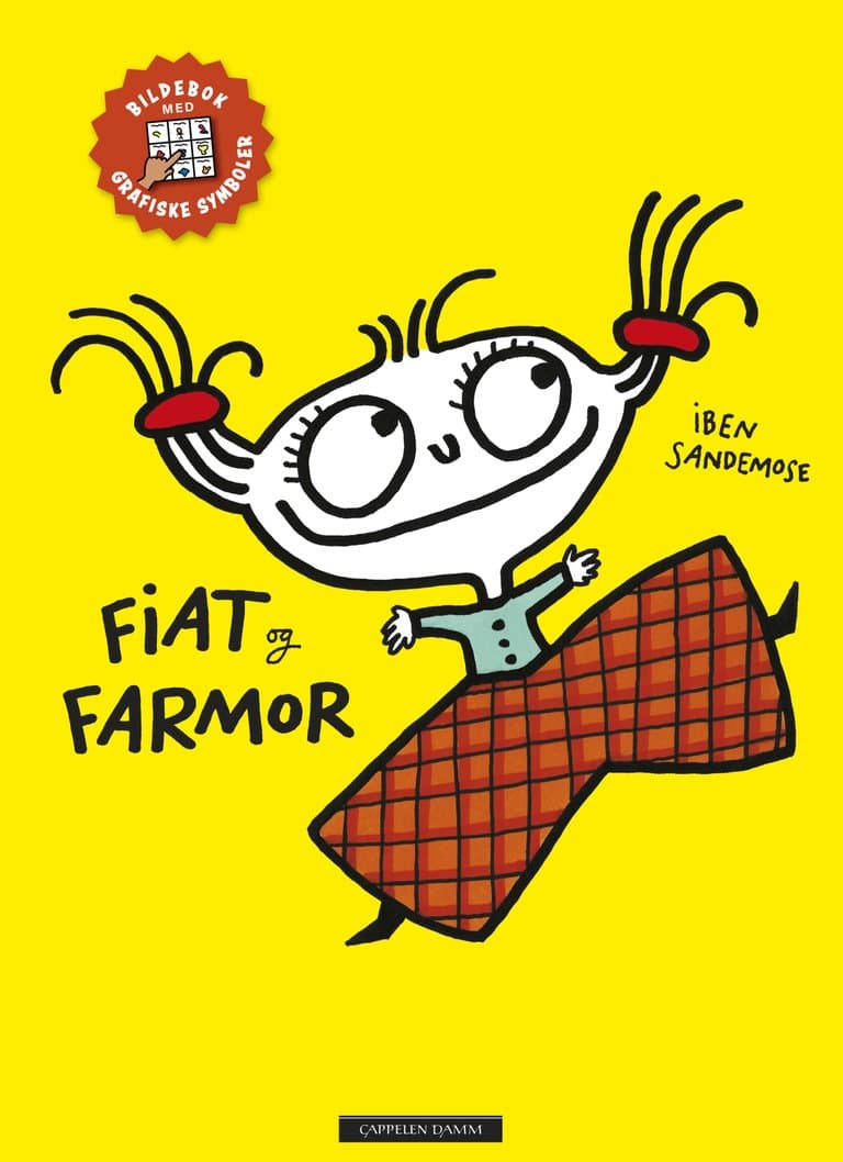 Omslag Fiat og Farmor (med grafiske symboler, ASK) av Iben Sandemose (Innbundet)