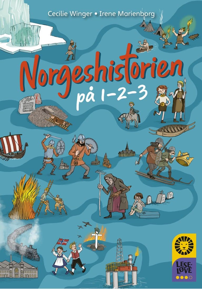 Omslag Leseløve nivå 3 - Norgeshistorien på 1-2-3 av Cecilie Winger og Irene Marienborg (Innbundet)
